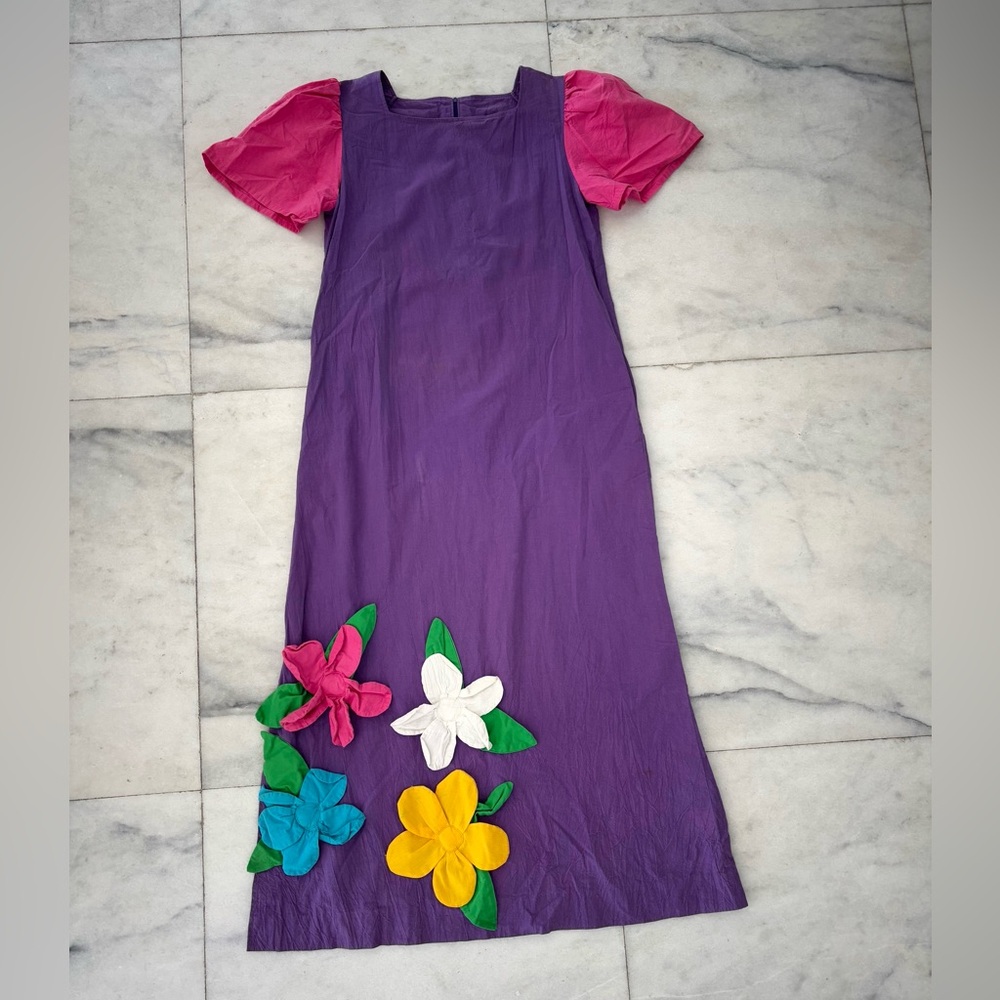 VTG Maxi Dress Tree Tops Muumuu Pink Purple Flower Short Sleeve Women M Boho Art